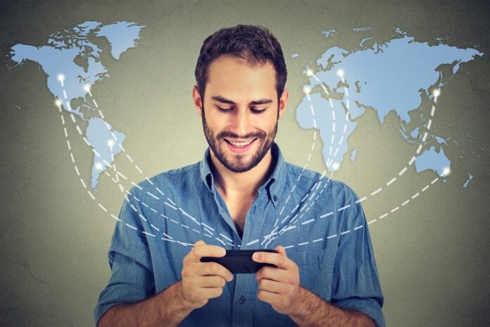 Modern,Communication,Technology,Mobile,Phone,High,Tech,,Web,Connection,Concept. Business Communicator